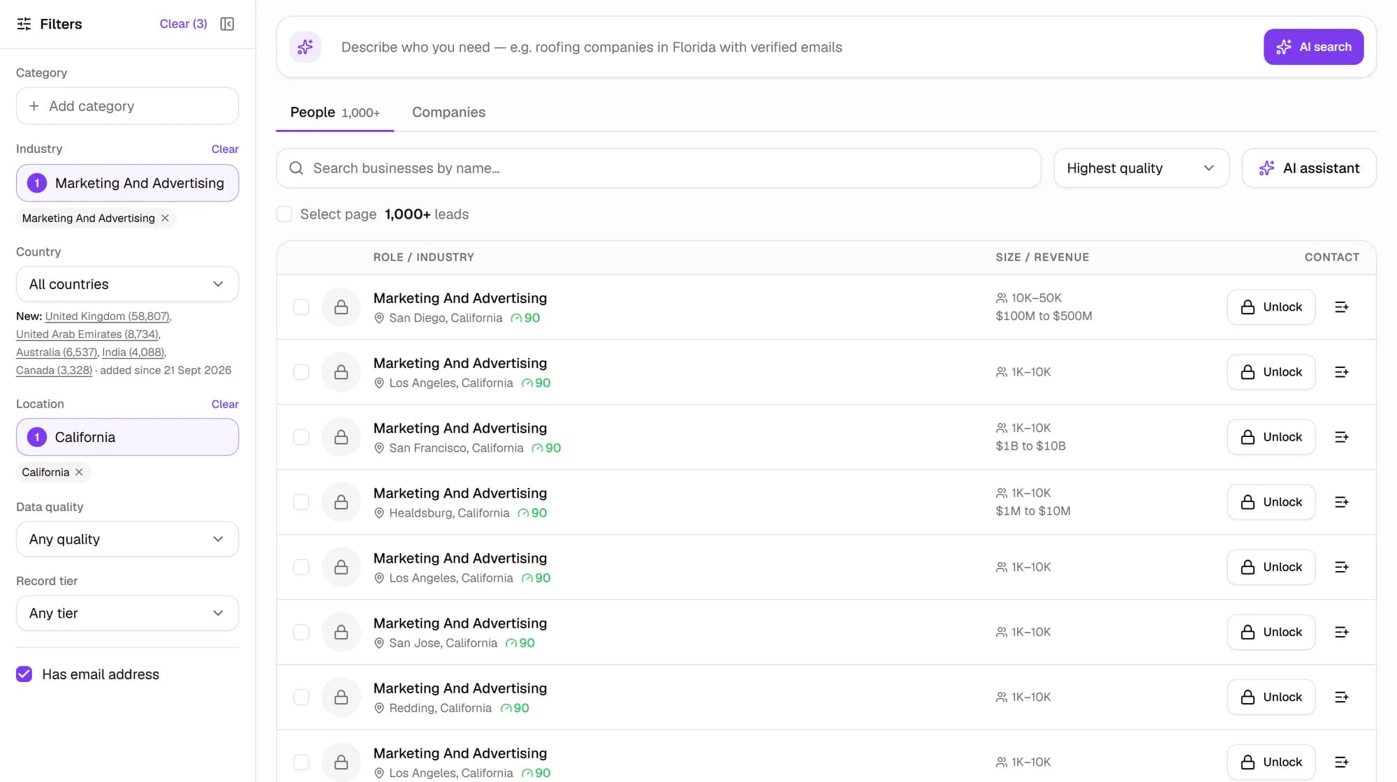 Find Leads search table: Marketing and Advertising contacts in California with an email address, with filters