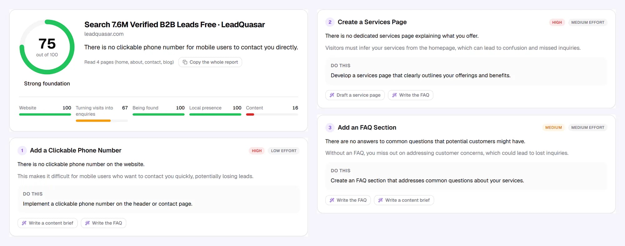 Business Growth Analyzer report for leadquasar.com: 75 out of 100 and the three fixes to make first