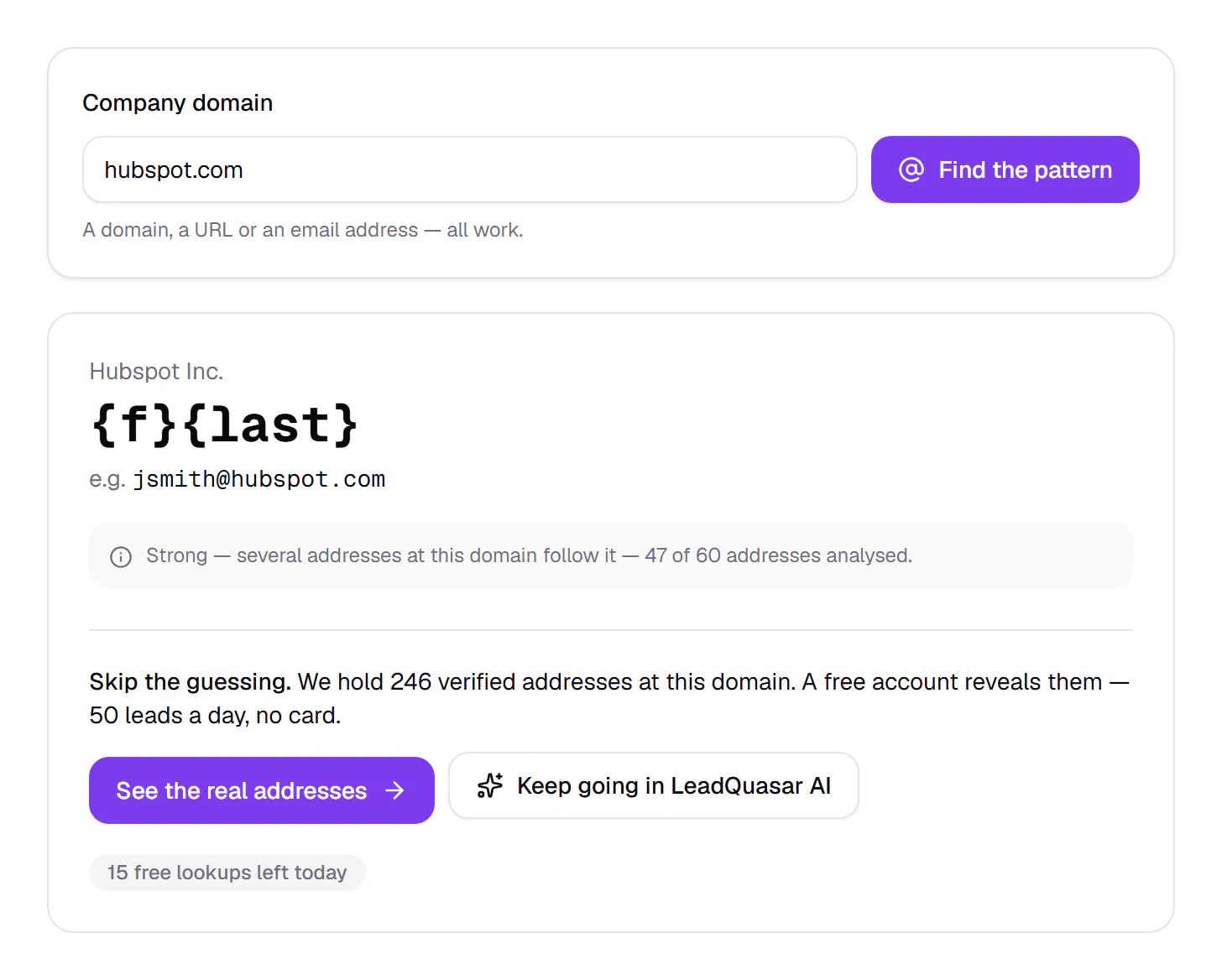 Email pattern finder result for hubspot.com: the {f}{last} format, rated strong from 47 of 60 addresses