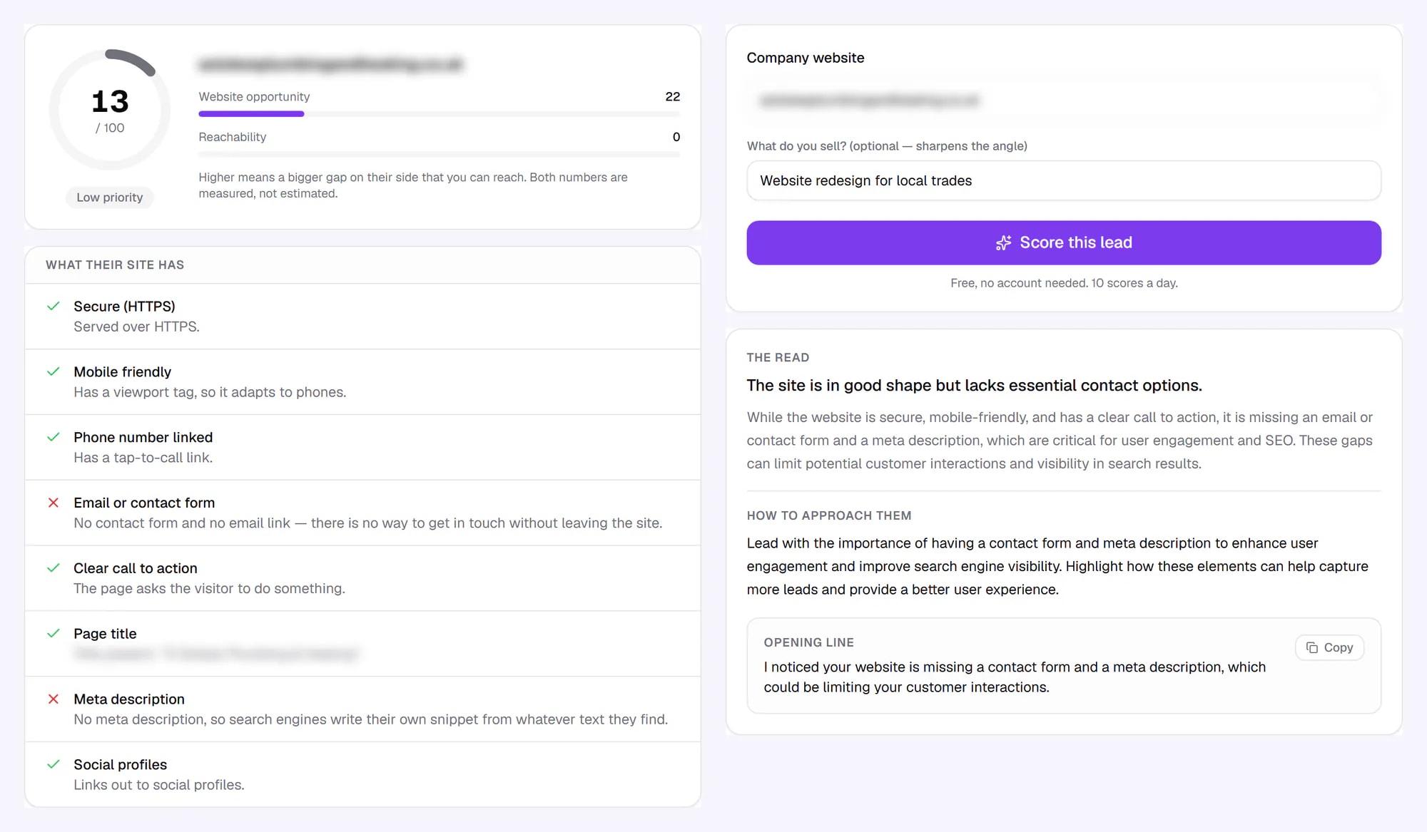 Free lead score audit of a UK plumber's homepage: missing contact form and meta description, with a suggested opening line