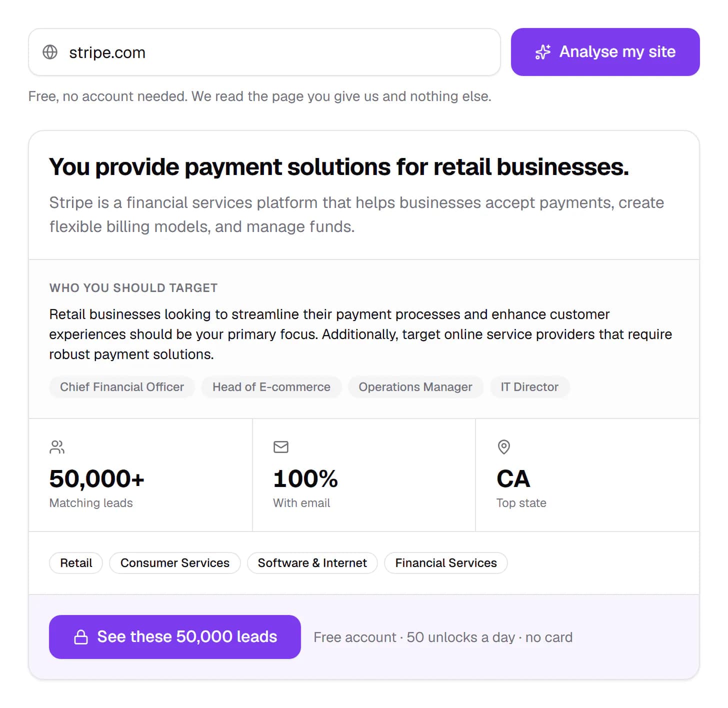 AI lead finder result for stripe.com: who it sells to, job titles to target and 50,000+ matching leads