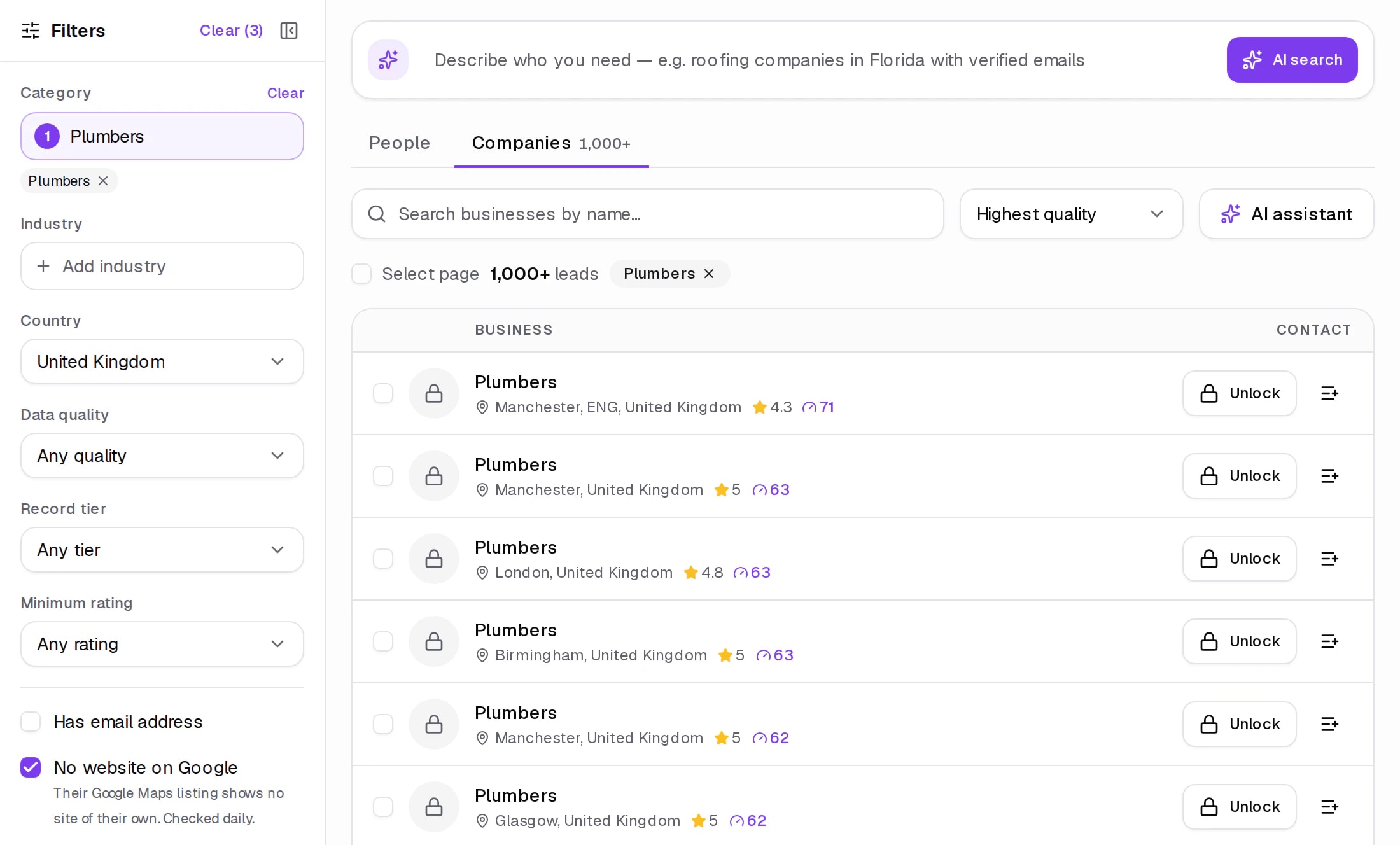 LeadQuasar Find Leads filtered to plumbers in the United Kingdom with no website on Google: 1,000+ businesses listed