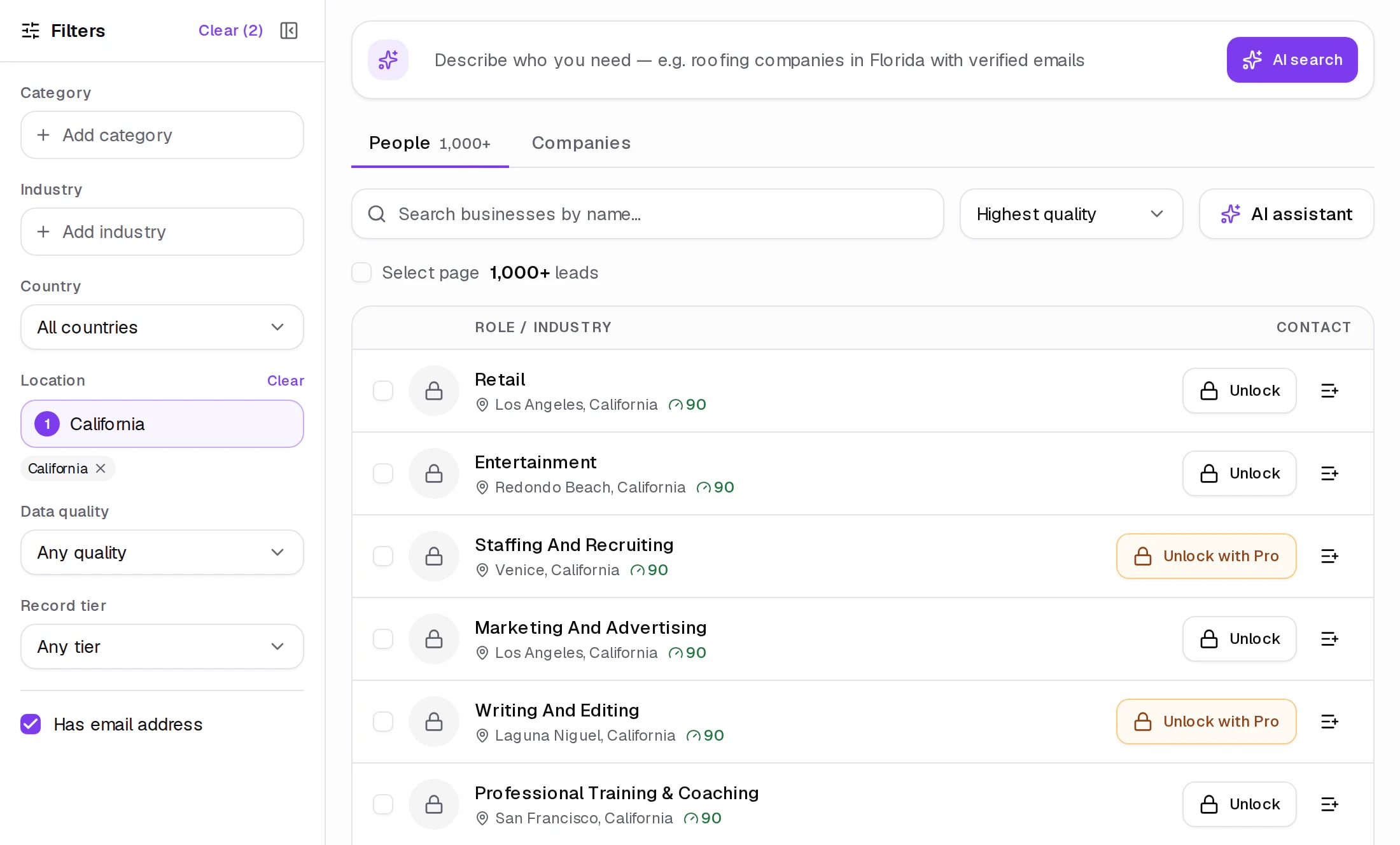 Find Leads search table: contacts in California with an email address, showing industry, town and quality score
